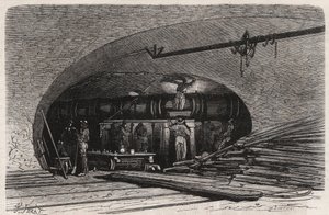 Les egouts de Paris: bend of the pipe near the Saint Michel bridge, place du Chatelet - Engraving in 