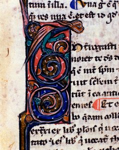 Lettrine decorated with a Gothic monster reminding the gargoyles. Detail of 14th century manuscript