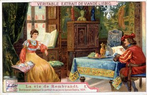 Liebig chromolithography on the life of Rembrandt (1606-1669), Dutch painter. Here drawing the portrait of his young wife Saskia in 1654