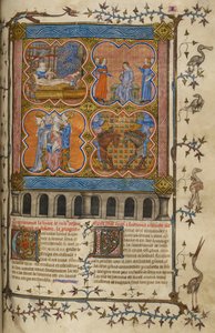 Life of Julius Caesar: Four Miniatures Showing His Birth, Divorce, Pontificate and Fight with Pompey; Text with Decorated Initials and Border with Birds and Grotesques by Unknown artist