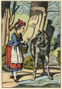 Little Red Riding Hood meets the wolf in the forest. Illustration of the tale 