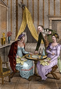 Little dinner. Olympe de Gouges (1748-1793), French woman of letters and revolutionary with Celine one of her friends. in 