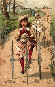 Little girls riding tricycles. Chromolithography around 1890 by Unknown artist