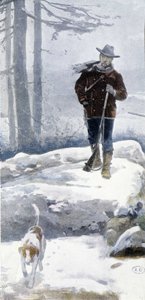 Lonely Hunter with Dog in a Snowy Landscape