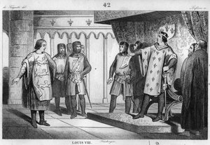 Louis VIII (1187-1226) the Lion receives an envoy from his enemy Henry III (1207-72) of England - Louis VIII the Lion (1187-1226), dynasty of the Capetians, responds with pride and firmness to an envoy of the King of England Henry III - Engraving of 1 by Unknown artist
