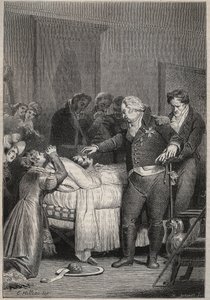 Louis XVIII at the deathbed of the Duke of Berry - The last moments of the Duke of Berry on 13 February 1820 (1778 - 1820) at the opera of Paris surrounded by Louis XVIII and the royal family - engraving in 