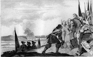 Louis XV at the Battle of Fontenoy in 1745 - War of Succession of Austria (1740-1748) - Maurice of Saxony, Marshal of Saxony, victorious at the Battle of Fontenoy, meets King of France, Louis XV - Engraving of 1825 in 