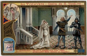 Love filial act III scene 2. Illustration for the opera The Found (Il trovatore) by Giuseppe Verdi (1813-1901). Chromolithography Liebig from the end of the 19th century. by Unknown artist