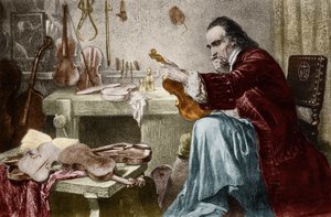 Luthier Stradivarius (Antonio Stradivari) (1644-1737) in his workshop. Engraving by Hammann