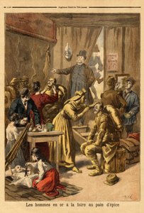 Makeup of actors of a living painting Men in Gold for the gingerbread fair. Engraving in Le petit journal 16/04/1894. Selva