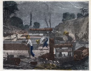 Manufacture of a brick in the 19th century: the mould worker fills his mold with clay paste, then the apprentice places the brick on the floor to dry it. Engraving late 19th century