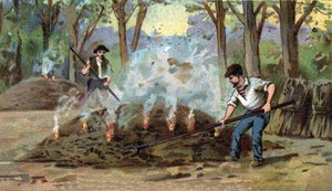 Manufacture of charcoal, combustion furnace. Chromolithography of the late 19th century by Unknown artist