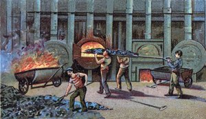 Manufacture of lighting gas, cornu delutor. Chromolithography of the end of the 19th century by Unknown artist