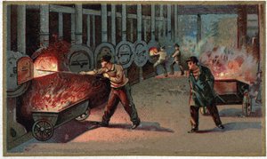Manufacture of lighting gas: loading of cornu. Chromolithography of the late 19th century
