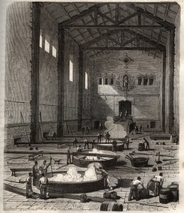 Manufacture of soap - Operation of stacking in the boiler room of a soap factory in Marseille - engraving in 