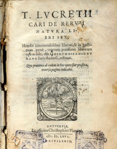 Manuscript page of volume 6 of "De natura rerum" (From nature) by the Latin philosopher Lucrece (Titus Lucretius Carus) (98-55 BC) 1564