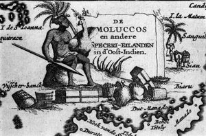 Map of the Molucca Archipelago in East Indonesia. Geographic map taken from Maps des Itineraires et voyages modernes by Pierre Vandier. 17th century