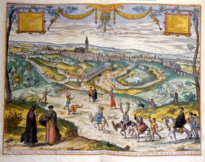 Map of the city of Seville in 1590. At the bottom right of the picture, the people of the village make fun of a cuckold on his donkey