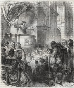 Marie de Rabutin-Chantal, Marquise of Sevigne known as Madame de Sevigne (1626-1696), listening to Louis Bourdaloue (1632-1704) French at the church of Jesuits, Saint-Louis in Paris - engraving of 1866 by Unknown artist