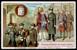 Marriage customs: the procession going to the church in Altenburg (Thuringia) - chromo. Liebig, v. 1895