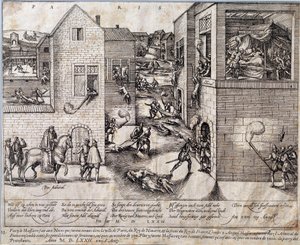 Massacre of Saint Bartholomew in Paris on the night of 24 August 1572. Engraving of the 16th century. Pau, Musee Du Chateau by Unknown artist