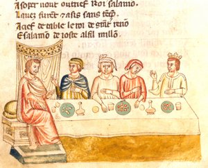 Meal of the king and his subjects. Miniature of the 12th century. Biblioteca Marciana, Venice