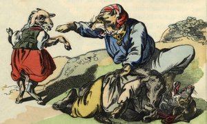 Medor saves Little Chef from the wolf. Illustration of the tale 