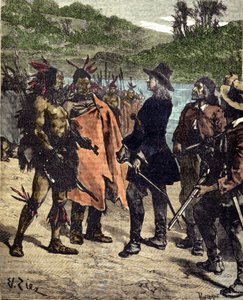 Meeting of Robert Cavelier de La Salle (1643-1687) with the Indians of America. Engraving of the 19th century by Unknown artist