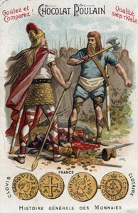 Merovingians: Clovis 1st shooting down the soldier who had broken the vessel of Soissons, in 486. In General History of Coins. Chocolate-foal chromolithography of the end of the 19th century. Private collection.