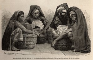 Milk merchants, in the streets of Madras (present-day Chennai, Tamil Nadu). Engraving to illustrate the voyage in the meridional provinces of India, by Alfred Grandidier, in 1862-1864, published in le tour du monde, under the direction of Edouard Charton by Unknown artist