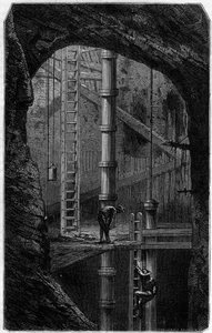 Miners inside a tin mine in Cornwall, England. Engraving in the journal 