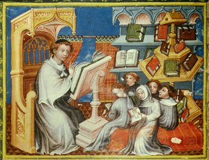 Monastic school of the convent of the hermits of Saint Augustine in Paris: a monk on a pulpit reads a lesson with teenagers with tonsures but also with laypeople. On the right, a pound wheel. Miniature in 