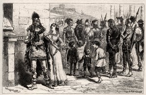 Moved to this sad spectacle, Theodechilde (daughter of Thierry I) application life and freedom of the captive - engraving in Les Femmes Illustres De La France by Oscar Havard - 1886 by Unknown artist