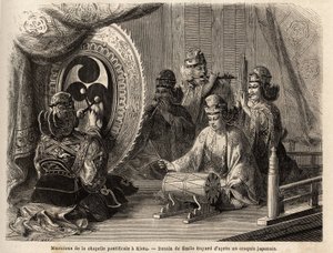 Musicians of the pontifical chapel in Kyoto (or Kioto), playing five sacred instruments, flute traversiere and flute of pan, marine conch, timpani and kakdaiko, the original gong. Engraving to illustrate the voyage to Japan in 1863-1864, by Aime Humbert