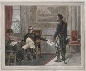 Napoleon Signing His Abdication 1814 - Napoleon Bonaparte at Fontainebleau During His First Abdication, Signed in April 1814 - Engraving in 
