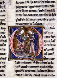 Nascion receives the book. Manuscript: Conquest of the Saint Gréal, written 717 years after the passion of our lord. Bibliotheque municipale de Rennes, ms. 255 (Collection of novels of the Round Table); Paris