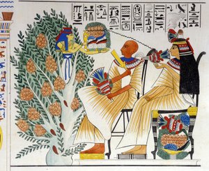 Nephtys, Egyptian goddess, offers food to the deceased - in “Monuments of Egypt and Upper Nubia” by Ippolito Rosellini. 19th century. by Unknown artist