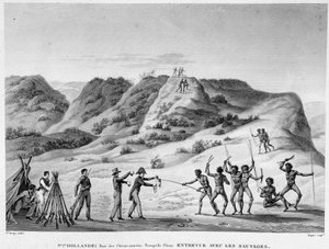 New Holland, Bay of Marine Dogs, Peron peninsula: interview with the Indians (encounter between Aborigines and settlers) - engraving, early 19th century