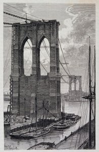 New York: Brooklyn Bridge piles under construction - in 