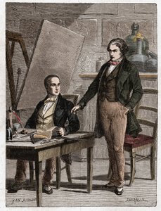 Niepce reading to Louis Daguerre the description of Heliography, for the fixing of pictures from camera obscura - Nicephore Niepce, French inventor, pioneer of photography reading to Daguerre the description of his method for the fixation of images by Unknown artist