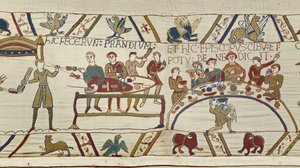 Norman servants prepare a banquet for William and Bishop Odo blesses the meal, Bayeux Tapestry