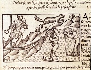 Norwegian Hunters Moving Through Skis. Engraving by Olaus Magnus, "Historia de Gentis Septentrionalibus" by Unknown artist