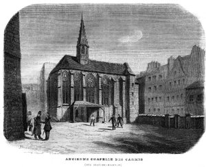 Old Chapelle des Carmes Rue Jean de Beauvais in Paris in the 5th Arrondissement. Engraving from 1858.