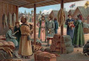 Old Shopping Malls: Fur Fair in Novgorod (Veliky Novgorod), Russia in the 19th century. Chromolithography of the late 19th century by Unknown artist