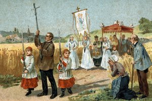 Old custom celebrated in the Berry region: the procession in the wheat. Religious feast. Chromolithography of the late 19th century