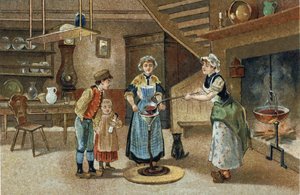 Old custom celebrated in the Dauphiné region: La boudinée. Chromolithography of the late 19th century