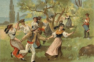 Old custom celebrated in the Provence region: the farandole for silkworm harvest festivals. Chromolithography of the late 19th century by Unknown artist
