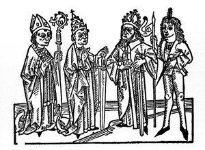 On the Left: The Bishop, the Pope, the Emperor, and the Noble Horseman. The Main Representatives of the Social Classes of the Feudal Era (Engraving from 