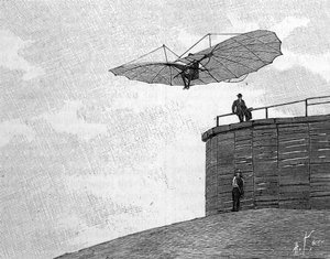 Otto Lilienthal (1848-1896), German aeronautics pioneer, leaping from his wooden tower with his flying aircraft (from an instant photograph). Engraving in 
