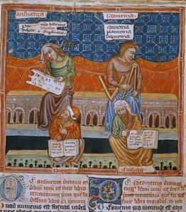Page of a manuscript representing the allegories of Arithmetic and geometry
